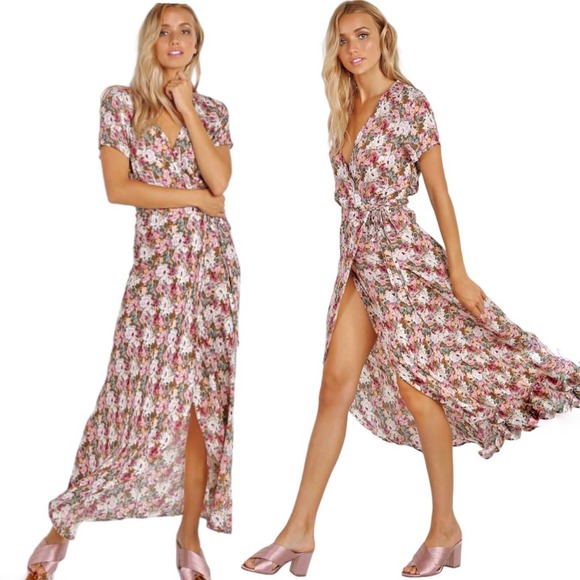 AOMONI Women's Floral Maxi Dress - 3/4 Sleeve V-Neck Wrap Tie Waist, Boho Casual & Party Wear, Sizes M-3XL